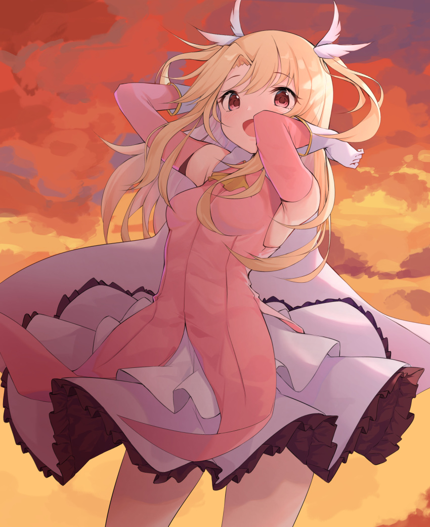 1girl absurdres arms_up blonde_hair breasts clouds cloudy_sky detached_sleeves dress fate/kaleid_liner_prisma_illya fate_(series) floating_hair gloves highres illyasviel_von_einzbern long_hair looking_at_viewer open_mouth orange_sky outdoors pink_dress prisma_illya red_eyes sky small_breasts smile solo standing white_gloves yellow_neckwear z_loader