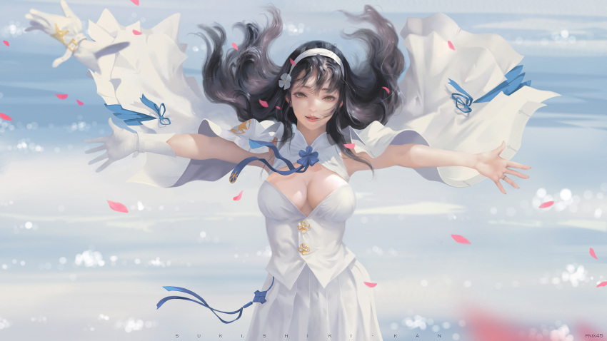 1girl artist_name black_hair breasts brooch brown_eyes cape character_request clouds cowboy_shot flower girls_frontline gloves hair_flower hair_ornament hands headband highres jewelry long_hair looking_at_another medium_breasts outdoors outstretched_arms parted_lips petals ring single_glove skirt solo taejune_kim white_cape white_skirt