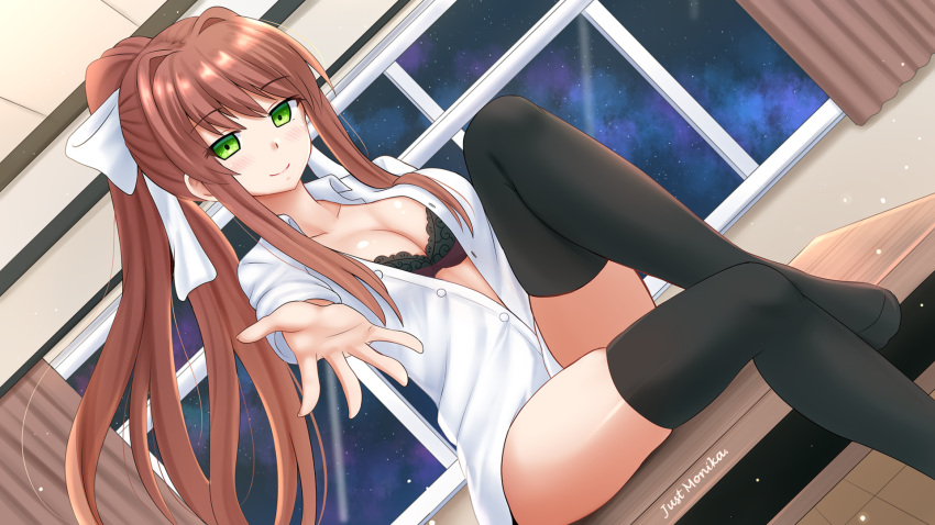 1girl black_bra bow bra breasts brown_hair cleavage doki_doki_literature_club dutch_angle eyebrows_visible_through_hair green_eyes hair_bow high_ponytail highres indoors kazenokaze long_hair looking_at_viewer monika_(doki_doki_literature_club) open_clothes open_shirt ponytail reaching_out revision shirt sitting sky smile solo star_(sky) starry_sky thigh-highs underwear window
