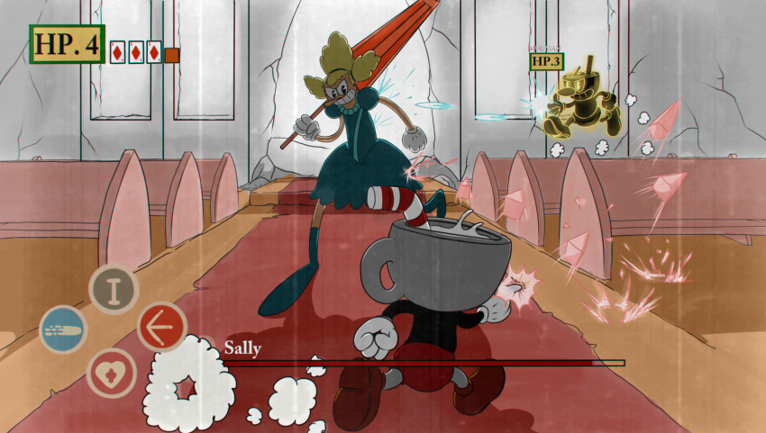 1girl 2boys 30s black_shirt blonde_hair blue_dress blue_footwear brown_footwear bullet character_name church commentary cuphead cuphead_(game) dark_souls dress firing gameplay_mechanics grin health_bar highres holding holding_umbrella indoors looking_at_another mugman multiple_boys oldschool parody perspective puffy_short_sleeves puffy_sleeves red_shorts ruins running sally_stageplay shirt shoes short_sleeves shorts smile smoke souls_(from_software) standing umbrella viperxtr