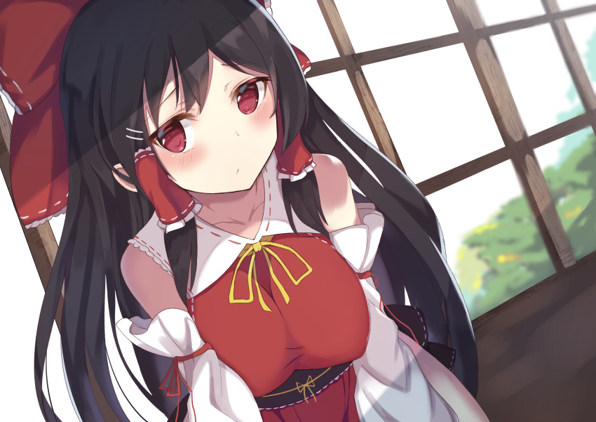 1girl absurdres bangs black_hair bow breasts commentary_request day detached_sleeves hair_bow hair_tubes hakurei_reimu highres indoors kogalashi large_breasts leaning_forward long_hair looking_at_viewer red_bow red_eyes red_ribbon ribbon sash solo touhou yellow_ribbon