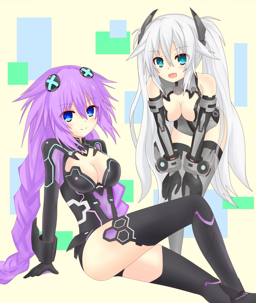 2girls :d arm_support black_gloves black_hair black_heart blue_eyes braid breasts choujigen_game_neptune cleavage covered_navel elbow_gloves eyebrows_visible_through_hair gloves grey_legwear grey_leotard hair_between_eyes hair_ornament hands_on_own_knees highres langley1000 leaning_forward long_hair medium_breasts multiple_girls neptune_(series) open_mouth purple_hair purple_heart shiny shiny_skin silver_hair sitting smile standing thigh-highs twin_braids very_long_hair white_background