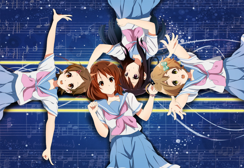 4girls :o arms_up black_hair blue_skirt bow brown_eyes brown_hair brown_short collarbone from_above green_bow hair_bow hair_ornament hairclip hibike!_euphonium index_finger_raised katou_hazuki kawashima_sapphire komugiko kousaka_reina looking_at_viewer lying multiple_girls musical_note on_back oumae_kumiko outstretched_arms pink_neckwear pleated_skirt polka_dot polka_dot_bow shirt short_hair short_sleeves skirt smile watch watch white_shirt yellow_eyes