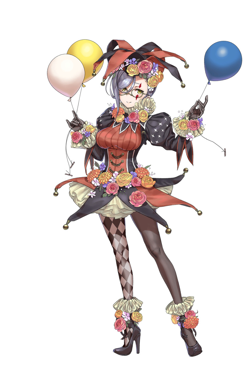 #17 1girl argyle argyle_legwear asymmetrical_legwear balloon black_footwear black_gloves breasts flower full_body glasses gloves green_eyes hair_flower hair_ornament hat high_heels highres jester_cap large_breasts looking_at_viewer medium_hair official_art pantyhose princess_principal princess_principal_game_of_mission puffy_sleeves silver_hair skirt solo standing thigh-highs transparent_background