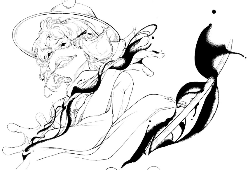 1girl commentary_request frog_eyes frog_girl greyscale hair_ribbon hat hiyuu_(flying_bear) lineart long_tongue monochrome moriya_suwako open_mouth ribbon simple_background solo tongue tongue_out touhou tress_ribbon upper_body white_background wide_sleeves