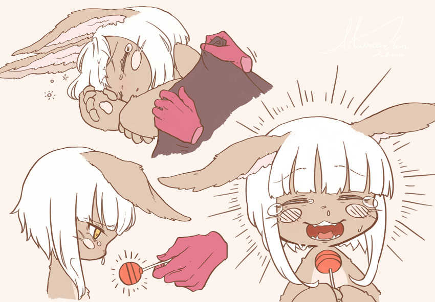 1girl animal_ears blanket candy covering_with_blanket fangs floating_hand food furry happy lollipop made_in_abyss nanachi_(made_in_abyss) short_hair_with_long_locks simple_background sleeping tears whiskers white_hair yama_gan yellow_eyes