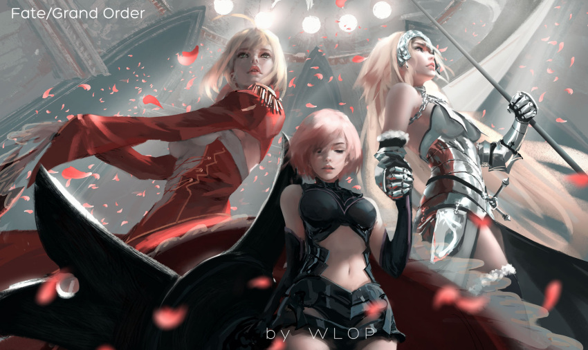 3girls ahoge armor artist_name bare_shoulders black_gloves blonde_hair breasts closed_eyes copyright_name diadem dress elbow_gloves epaulettes fate/apocrypha fate/extra fate/grand_order fate_(series) fur_trim gauntlets gloves green_eyes hand_holding hand_up highres holding holding_shield indoors large_breasts lipstick long_hair long_sleeves looking_up makeup multiple_girls navel navel_cutout parted_lips petals pink_hair pink_lips red_dress red_lipstick reflection ruler_(fate/apocrypha) saber_extra shield shielder_(fate/grand_order) short_hair spotlight standing sword underbust weapon wide_sleeves wlop