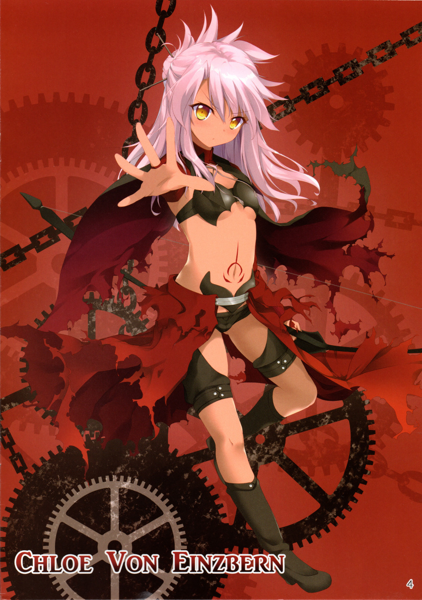 1girl absurdres bangs boots cape character_name chloe_von_einzbern dark_skin eyebrows_visible_through_hair fate/kaleid_liner_prisma_illya fate_(series) flat_chest full_body gears highres hisagiyuu knee_boots long_hair looking_at_viewer midriff navel outstretched_arm pink_hair red_background scan short_shorts shorts simple_background solo tattoo waist_cape yellow_eyes