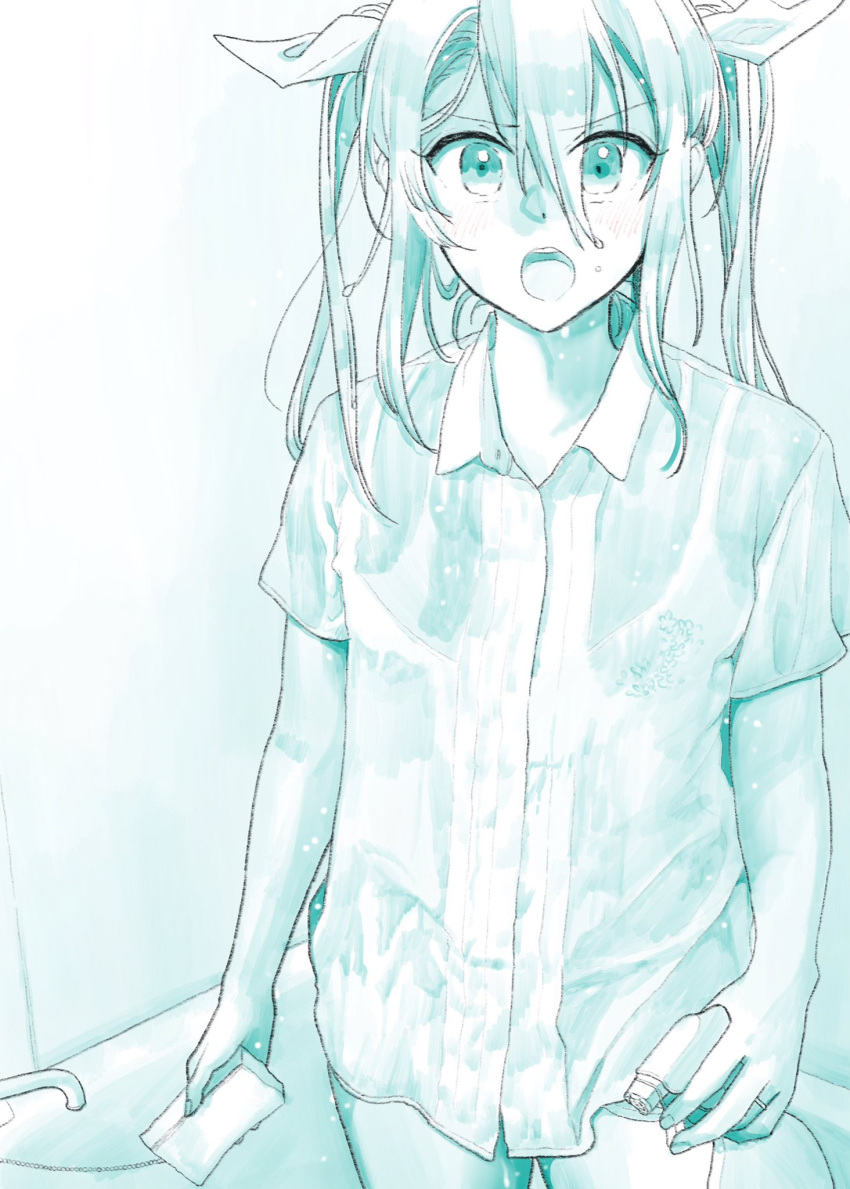 1girl alternate_costume bathtub blush bra collared_shirt commentary cowboy_shot eyebrows_visible_through_hair faucet hair_between_eyes hair_ribbon highres holding_sponge kantai_collection long_hair looking_at_viewer multiple_monochrome open_mouth ribbon round_teeth see-through shirt short_sleeves solo teeth tone_(kantai_collection) twintails underwear wet wet_clothes wet_hair yami_(m31)