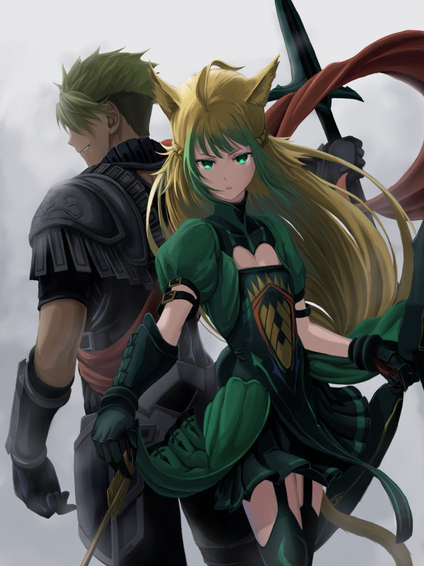 1boy 1girl absurdres animal_ears archer_of_red armor blonde_hair bow_(weapon) cat_ears fate/apocrypha fate_(series) green_eyes green_hair highres holding holding_weapon mukade_(siieregannsu) multicolored_hair polearm rider_of_red spear thigh-highs two-tone_hair weapon