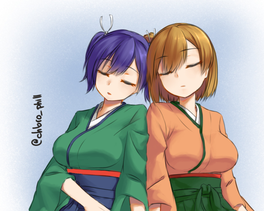 2girls blue_hair blue_hakama brown_hair closed_eyes green_hakama green_kimono hakama hakama_skirt hiryuu_(kantai_collection) japanese_clothes kantai_collection kimono multiple_girls one_side_up orange_kimono short_hair sleeping souryuu_(kantai_collection) twintails twitter_username upper_body youryokuso_(chlorophyll)