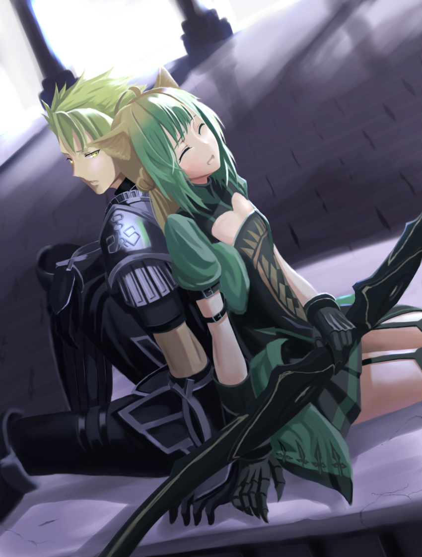 1boy 1girl animal_ears archer_of_red armor back-to-back blonde_hair bow_(weapon) cat_ears closed_eyes fate/apocrypha fate_(series) green_hair highres holding holding_weapon mukade_(siieregannsu) multicolored_hair rider_of_red sitting thigh-highs two-tone_hair weapon yellow_eyes