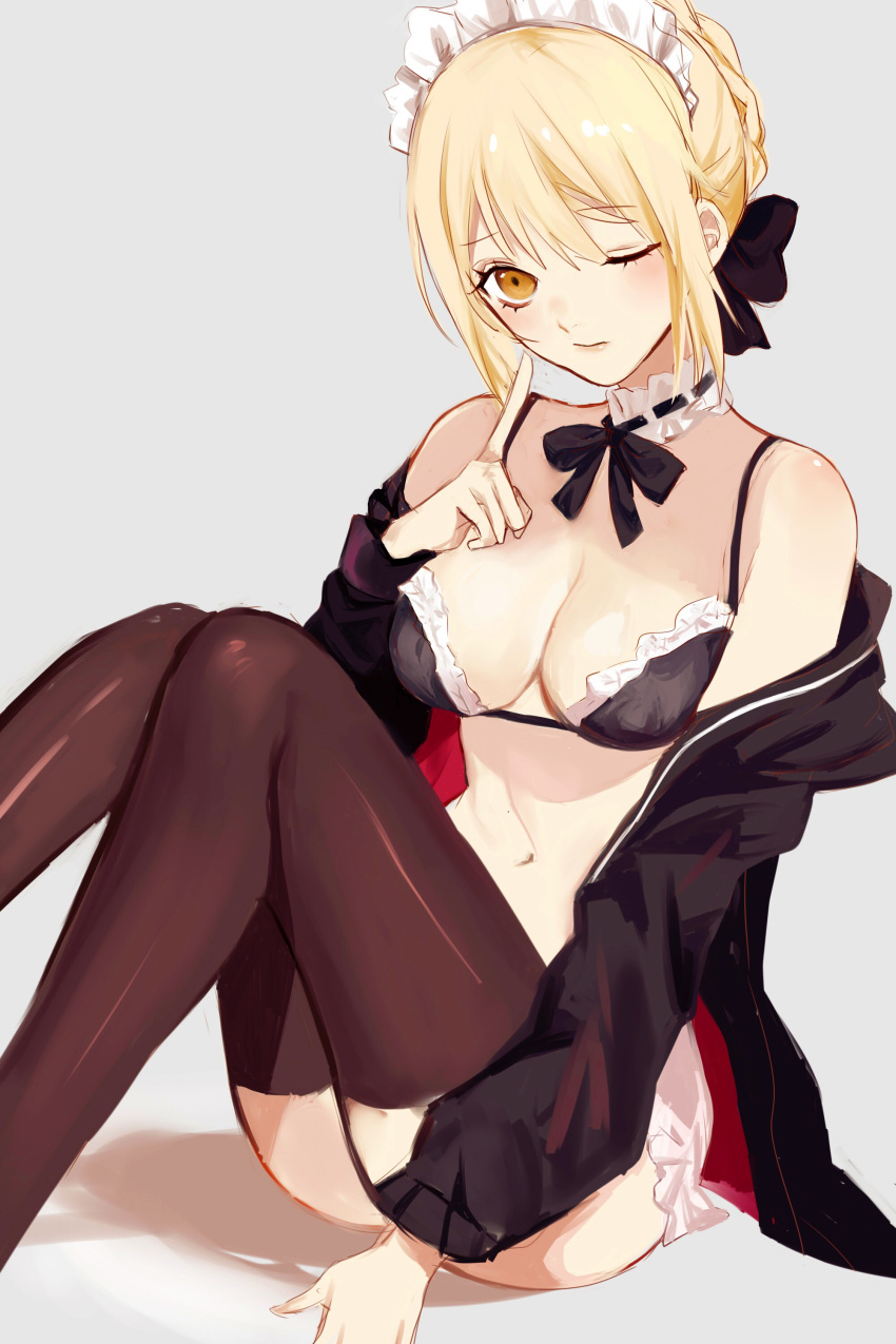 1girl absurdres aikoo apron artoria_pendragon_(all) artoria_pendragon_(swimsuit_rider_alter)_(fate) bikini black_bikini black_legwear blonde_hair fate/grand_order fate_(series) highres looking_at_viewer maid_headdress navel one_eye_closed saber_alter sitting solo swimsuit thigh-highs yellow_eyes