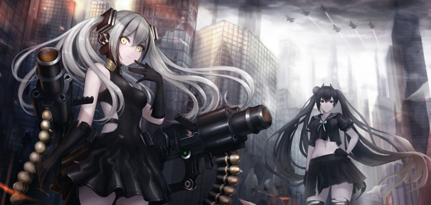 2girls absurdres aircraft airplane ammunition_belt arm_at_side arm_up armor bangs bare_shoulders black black_dress black_gloves black_hair black_legwear black_serafuku black_skirt bow bowtie breasts building cityscape closed_mouth clouds cloudy_sky debris destroyer_(girls_frontline) double_bun dress expressionless floating floating_hair floating_weapon from_below from_side girls_frontline gloves green_ribbon grenade_launcher grey_eyes grey_hair hair_between_eyes hair_bun hair_ornament hand_in_hair hand_on_hip hand_to_own_mouth highres horns jets lens_flare long_hair looking_at_viewer midriff multiple_girls navel npt_(akzkfhsk0503) ouroboros_(girls_frontline) outdoors pale_skin pantyhose partial_bodysuit pleated_skirt red_eyes ribbon rigging ruins sailor_collar sangvis_ferri school_uniform serafuku serious shirt sidelocks simple_background skirt sky skyscraper small_breasts smile standing thigh-highs torn_clothes torn_pantyhose torn_shirt torn_skirt twilight twintails very_long_hair weapon white_bow white_neckwear wind window yellow_eyes zettai_ryouiki