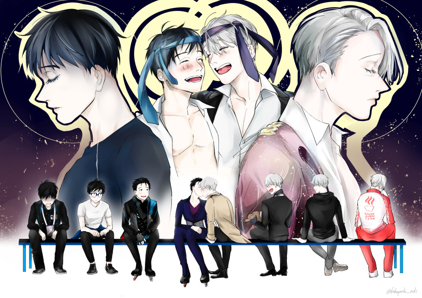 2boys ^_^ absurdres bench black_hair blue-framed_eyewear blue_eyes brown_eyes closed_eyes glasses hair_slicked_back highres ice_skates katsuki_yuuri kiss kobayashi_niki lanyard male_focus multiple_boys necktie necktie_on_head open_clothes open_mouth open_shirt shirt silver_hair sitting skates smile tears track_suit viktor_nikiforov yaoi yuri!!!_on_ice