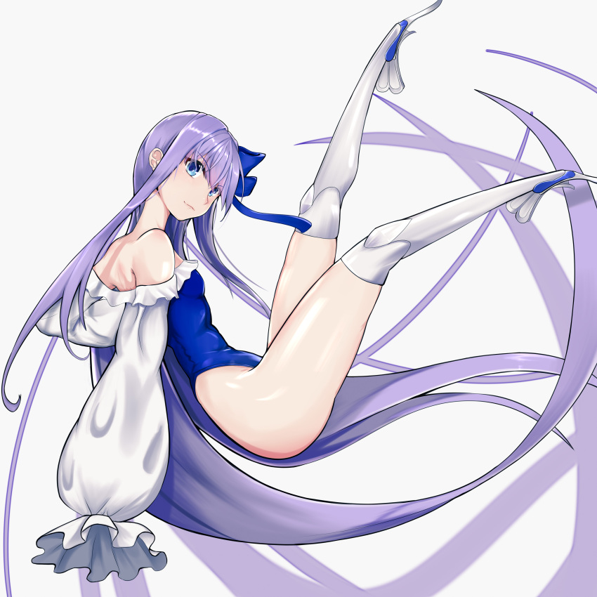 1girl 278339441 :3 absurdres ass bangs blue_bow blue_eyes boots bow breasts fate/grand_order fate_(series) full_body hair_bow highres lavender_hair legs_up leotard long_hair long_sleeves looking_at_viewer meltryllis meltryllis_(swimsuit_lancer)_(fate) off_shoulder puffy_sleeves sidelocks simple_background small_breasts solo strapless thigh-highs thigh_boots thighs very_long_hair white_background