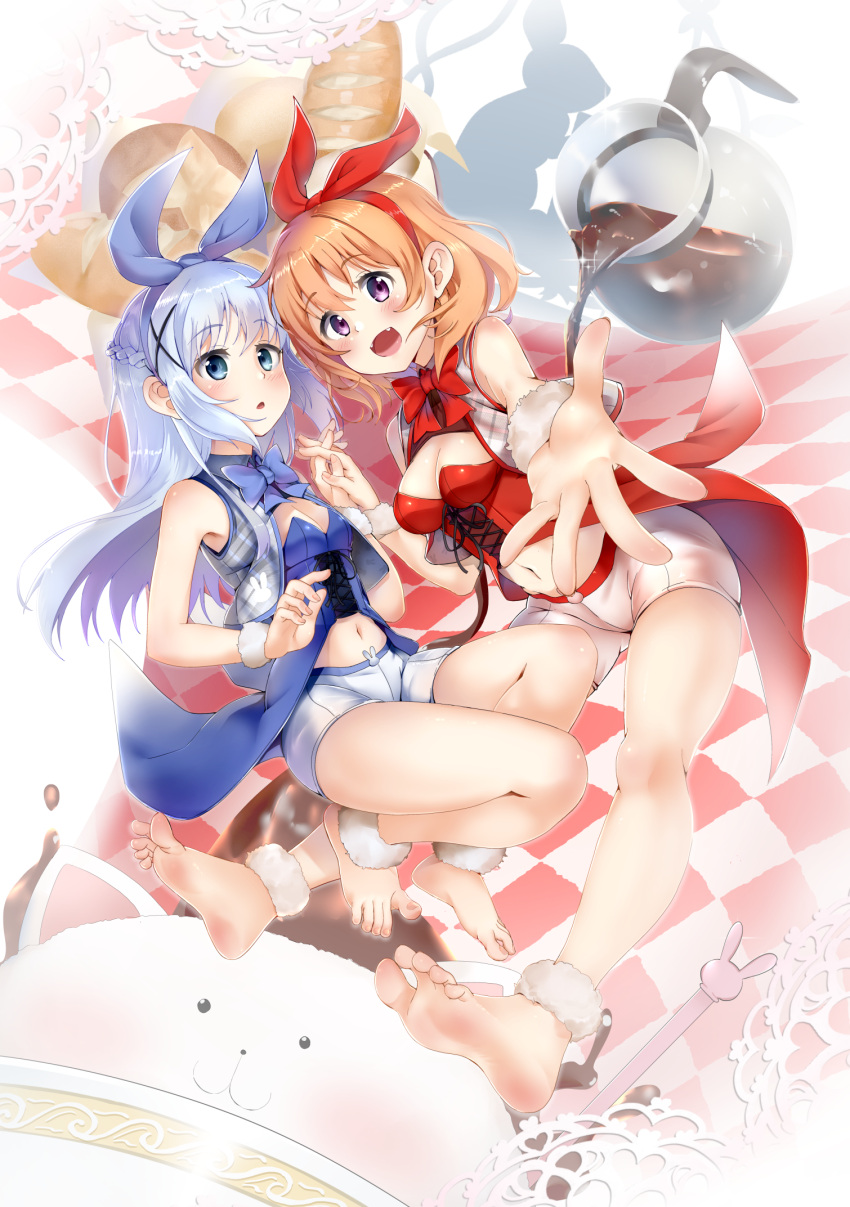 2girls ankle_cuffs barefoot blue_eyes blue_hair blush bow bread brown_hair casino_(casinoep) coffee fang feet food gochuumon_wa_usagi_desu_ka? hair_bow hair_ornament hair_ribbon hairband hand_holding highres hoto_cocoa interlocked_fingers kafuu_chino long_hair looking_at_viewer multiple_girls navel open_mouth outstretched_arm outstretched_hand ribbon short_hair shorts smile soles tippy_(gochiusa) toes vest violet_eyes