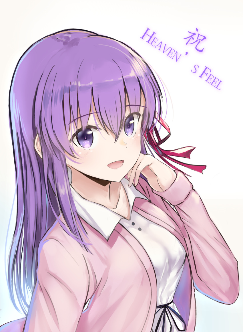 1girl :d absurdres blush commentary_request dress eyebrows_visible_through_hair fate_(series) hair_between_eyes hair_ribbon hand_on_own_cheek hand_up highres i.f.s.f jacket long_hair long_sleeves matou_sakura open_clothes open_jacket open_mouth pink_jacket purple_hair red_ribbon ribbon simple_background smile solo upper_body violet_eyes white_background white_dress