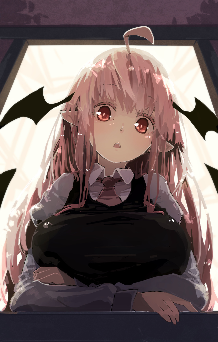1girl absurdres ahoge bangs breast_rest breasts collared_shirt colored_eyelashes commentary_request crossed_arms demon_wings from_below futatsuki_eru head_tilt head_wings highres koakuma large_breasts long_hair long_sleeves looking_at_viewer necktie pointy_ears red_eyes red_neckwear redhead shirt solo touhou wing_collar wings