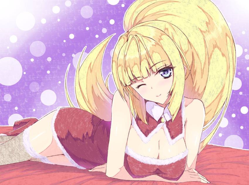 1girl ;) aramachi blonde_hair blue_eyes breasts choker cleavage crossed_arms dress eyebrows_visible_through_hair fishnet_legwear fishnets floating_hair gundam gundam_tekketsu_no_orphans head_tilt high_ponytail kudelia_aina_bernstein large_breasts long_hair looking_at_viewer lying on_side one_eye_closed red_dress red_footwear santa_costume short_dress sleeveless sleeveless_dress smile solo strapless strapless_dress thigh-highs very_long_hair