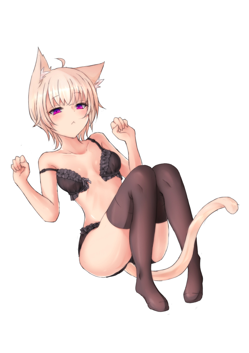 1girl ahoge animal_ears bent_knees black_bra black_legwear black_panties bra breasts cleavage closed_mouth commentary_request front-tie_top full_body harujiya_(setugetuka) highres knees_together_feet_apart lace lace-trimmed_bra lace-trimmed_panties looking_at_viewer lying on_back original panties pigeon-toed reclining strap_slip tail thigh-highs underwear violet_eyes w_arms white_background white_hair