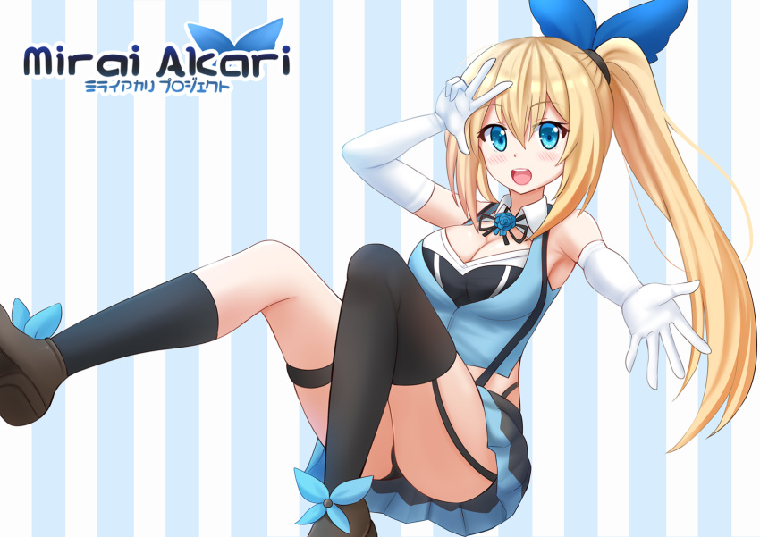 1girl :d ass bangs black_legwear black_panties black_skirt blonde_hair blue_eyes blue_ribbon blue_shirt blush brown_footwear character_name collared_shirt commentary elbow_gloves eyebrows_visible_through_hair flower garter_straps gloves hair_between_eyes hair_ribbon highres kazenokaze kneehighs loafers long_hair looking_at_viewer mirai_akari mirai_akari_project open_mouth panties pleated_skirt red_flower red_ribbon red_rose ribbon rose shirt shoes side_ponytail single_kneehigh single_thighhigh skirt sleeveless sleeveless_shirt smile solo striped thigh-highs translated underwear upper_teeth vertical-striped_background vertical_stripes very_long_hair white_gloves