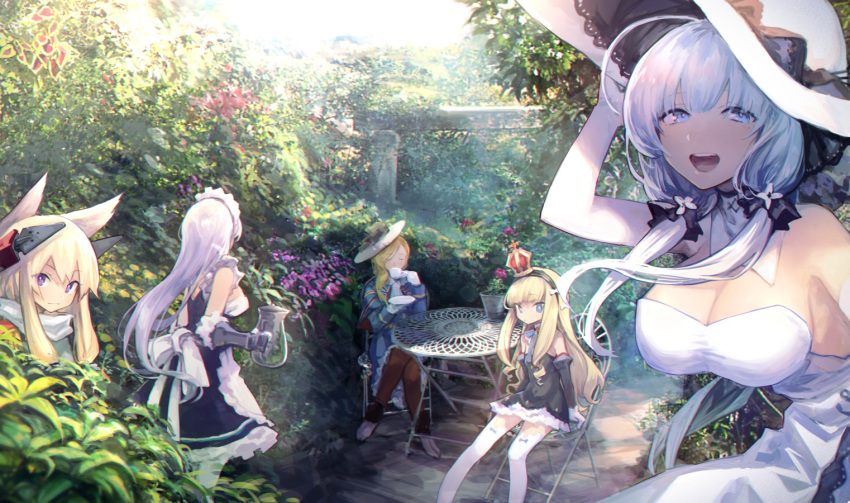 5girls anchor_symbol apron azur_lane bangs bare_shoulders blonde_hair blue_eyes bow breasts chair character_request cleavage closed_eyes crown cup day detached_collar detached_sleeves dress drinking_cup elbow_gloves flat_chest flower frills garden gloves hair_bow hair_ears hair_ornament hat headgear large_breasts legs_crossed long_hair long_sleeves looking_at_viewer low_twintails maid maid_apron maid_headdress medium_breasts mephist-pheles mini_crown mole mole_under_eye multiple_girls open_mouth outdoors ribbon saucer scarf sitting smile sun_hat sunlight table tagme teacup thigh-highs twintails violet_eyes waist_apron white_hair white_hat zettai_ryouiki