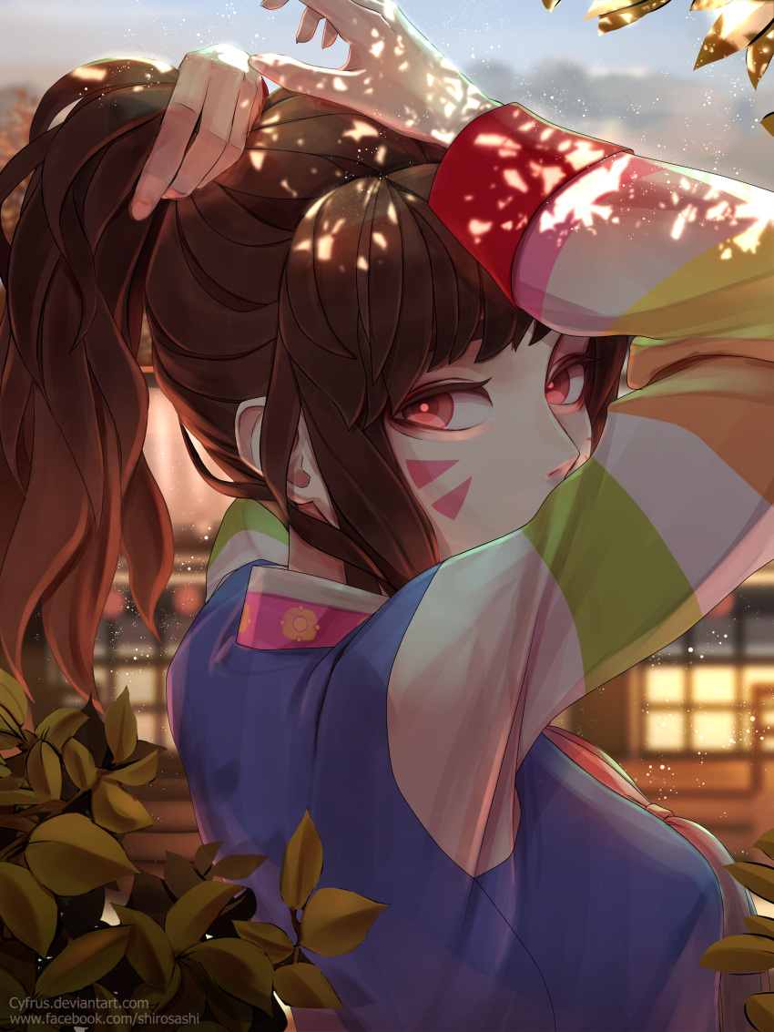 1girl absurdres alternate_costume alternate_eye_color alternate_hairstyle architecture arms_up autumn_leaves breasts brown_hair building bunny_hair_ornament covered_mouth cyfrus d.va_(overwatch) dappled_sunlight day east_asian_architecture facepaint facial_mark from_side hair_ornament hanbok hands_in_hair highres korean_clothes long_hair long_sleeves looking_at_viewer looking_to_the_side medium_breasts outdoors overwatch palanquin_d.va portrait red_eyes shade solo striped_sleeves sunlight tree_branch tying_hair watermark web_address whisker_markings
