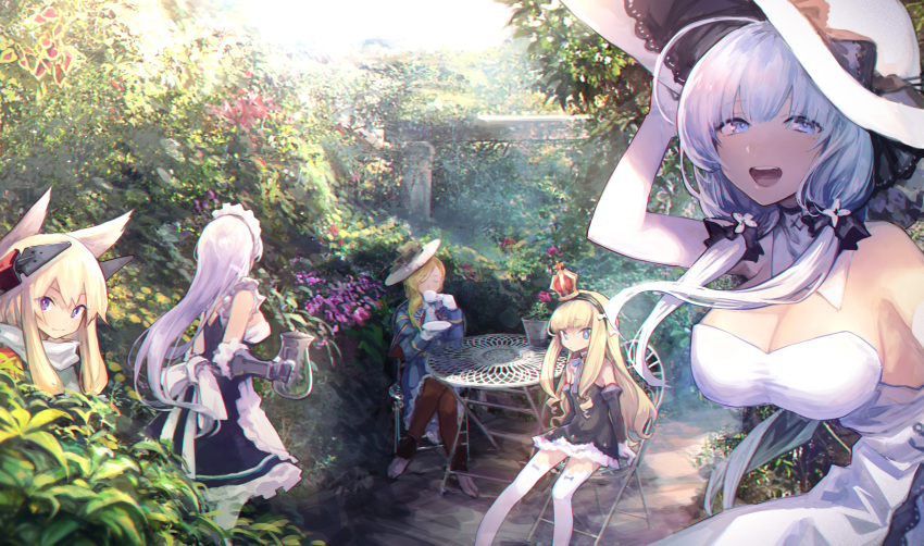 5girls anchor_symbol animal_ears apron azur_lane bangs bare_shoulders belfast_(azur_lane) black_dress blonde_hair blue_eyes blush bow breasts chair cleavage closed_eyes crown cup day detached_collar detached_sleeves dress drinking_cup elbow_gloves eyebrows_visible_through_hair flower frilled_apron frills garden gloves hair_bow hair_ears hair_ornament hat headgear highres hood_(azur_lane) illustrious_(azur_lane) large_breasts legs_crossed long_hair long_sleeves looking_at_viewer low_twintails maid maid_apron maid_headdress mephist-pheles mini_crown mole mole_under_eye multiple_girls open_mouth outdoors queen_elizabeth_(azur_lane) ribbon saucer scarf sidelocks silver_hair sitting smile sun_hat sunlight table teacup thigh-highs twintails violet_eyes waist_apron warspite_(azur_lane) white_dress white_hair white_hat zettai_ryouiki