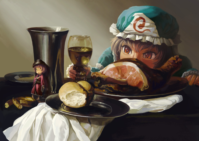 2girls amibazh arm_garter barefoot bowl bowl_hat bread chalice commentary cup drinking_glass fine_art_parody food full_body gradient gradient_background grey_background ham hand_on_own_chest hat hiding highres japanese_clothes kimono long_sleeves looking_at_another meat minigirl mob_cap multiple_girls napkin obi orange_eyes parody pink_hair plate saigyouji_yuyuko sash saucer short_hair side_glance sparkling_eyes sukuna_shinmyoumaru table touhou triangular_headpiece
