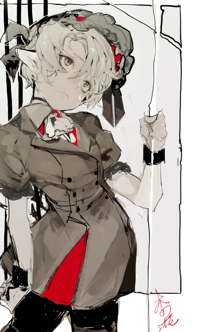 1girl alternate_costume ascot black_pants closed_mouth frown gloves grey_jacket hand_up headdress highres hiranko jacket looking_up pants pointy_ears remilia_scarlet short_sleeves signature slit_pupils solo standing touhou violet_eyes white_gloves white_hair