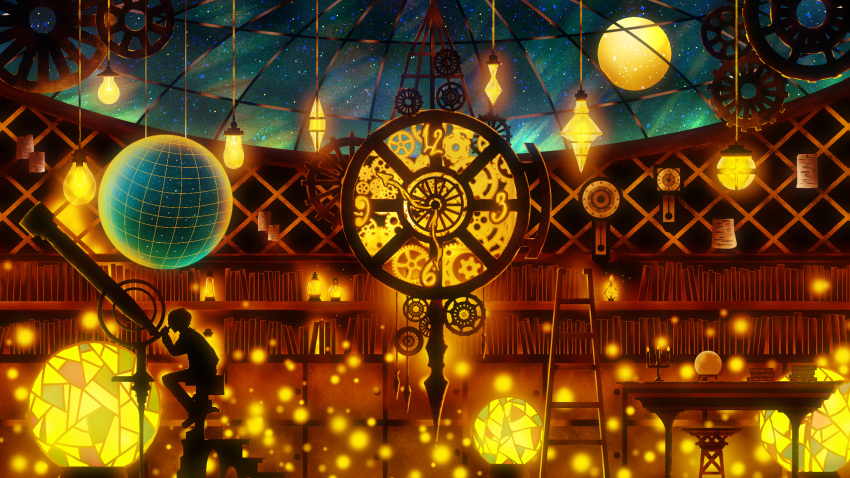 book book_stack bookshelf candle commentary_request fire flame gears harada_miyuki highres indoors ladder lantern light_bulb night night_sky observatory orb original silhouette sitting sky star_(sky) starry_sky stool table telescope