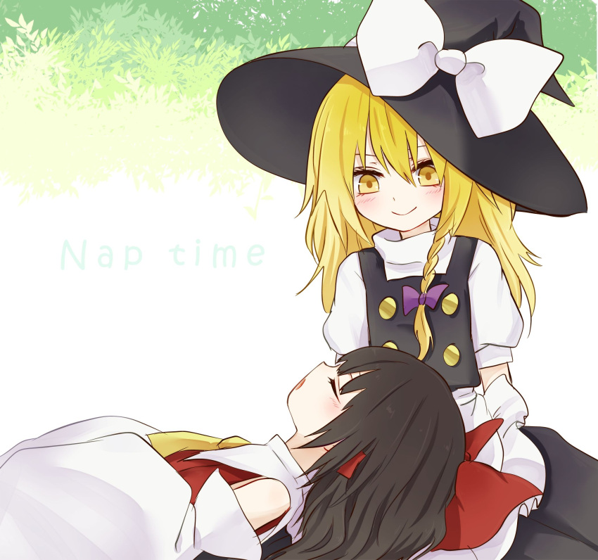 2girls apron ascot bare_shoulders blonde_hair blush bow braid chocolate_hair detached_sleeves fuwafurin hair_bow hair_tubes hakurei_reimu hat highres implied_yuri kirisame_marisa lap_pillow large_bow long_hair multiple_girls open_mouth side_braid single_braid skirt skirt_set sleeping sleeping_on_person smile touhou turtleneck waist_apron wide_sleeves witch_hat yellow_eyes yellow_neckwear