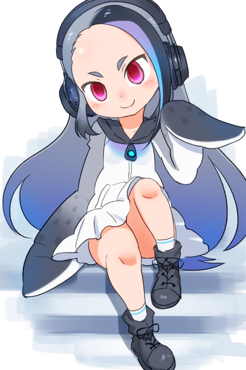 1girl ankle_boots black_footwear black_hair blue_hair blush boots closed_mouth collarbone dress empty_eyes facing_viewer flat_chest forehead giant_penguin_(kemono_friends) gradient_hair grey_hair head_tilt headphones highres kemono_friends lips long_hair looking_at_viewer multicolored_hair pink_eyes pink_lips pleated_dress pocket purple_hair sailor_collar sailor_dress sat-c short_dress sidelocks single_vertical_stripe sitting smile socks solo thick_eyebrows tsurime very_long_hair white_dress white_legwear