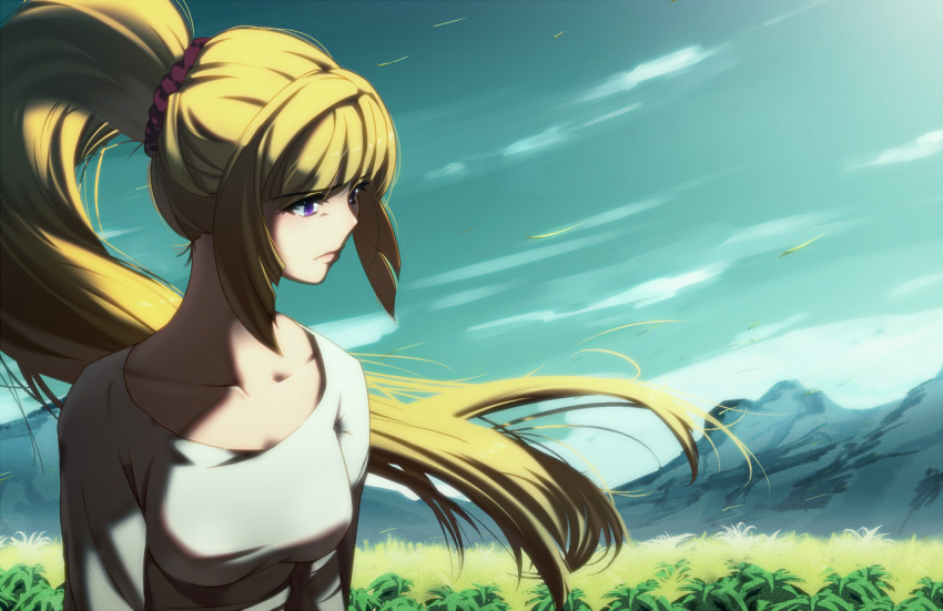 1girl blonde_hair breasts collarbone day floating_hair grey_shirt gundam gundam_tekketsu_no_orphans hair_ornament hair_scrunchie high_ponytail kudelia_aina_bernstein long_hair medium_breasts outdoors scrunchie shirt solo tan'ichi_(rocky13) upper_body very_long_hair violet_eyes