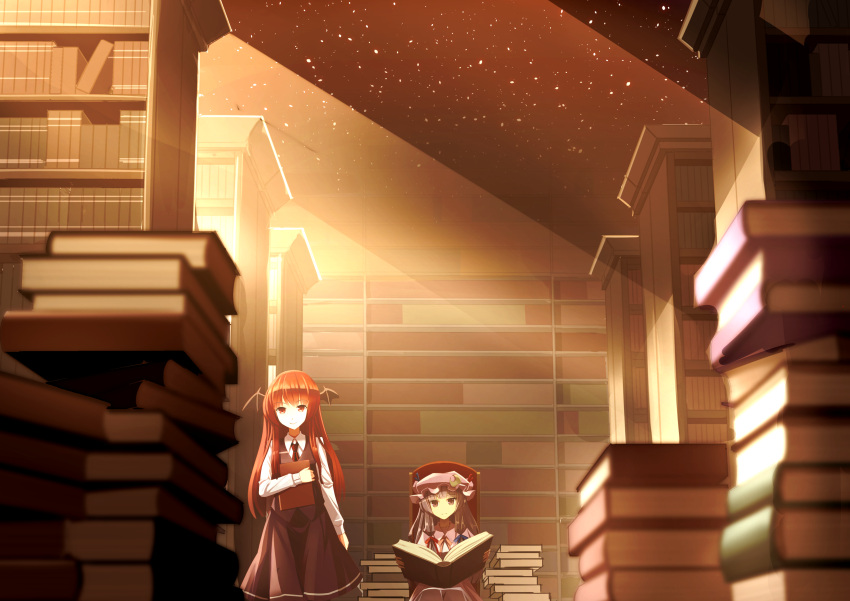 2girls absurdres book book_stack bookshelf chair clere hair_ribbon hat head_wings highres koakuma light_particles long_hair looking_at_viewer mob_cap multiple_girls necktie patchouli_knowledge pile_of_books purple_hair red_eyes redhead ribbon sitting skirt smile touhou vest violet_eyes