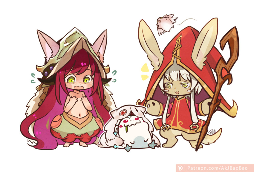 2girls :o aa2233a alternate_hair_color blush_stickers cosplay costume_switch covering covering_chest flat_chest kog'maw league_of_legends long_hair lulu_(league_of_legends) made_in_abyss marker_(medium) mitty_(made_in_abyss) multiple_girls nanachi_(made_in_abyss) navel pink_hair pix red_eyes staff standing traditional_media white_hair yellow_eyes yordle