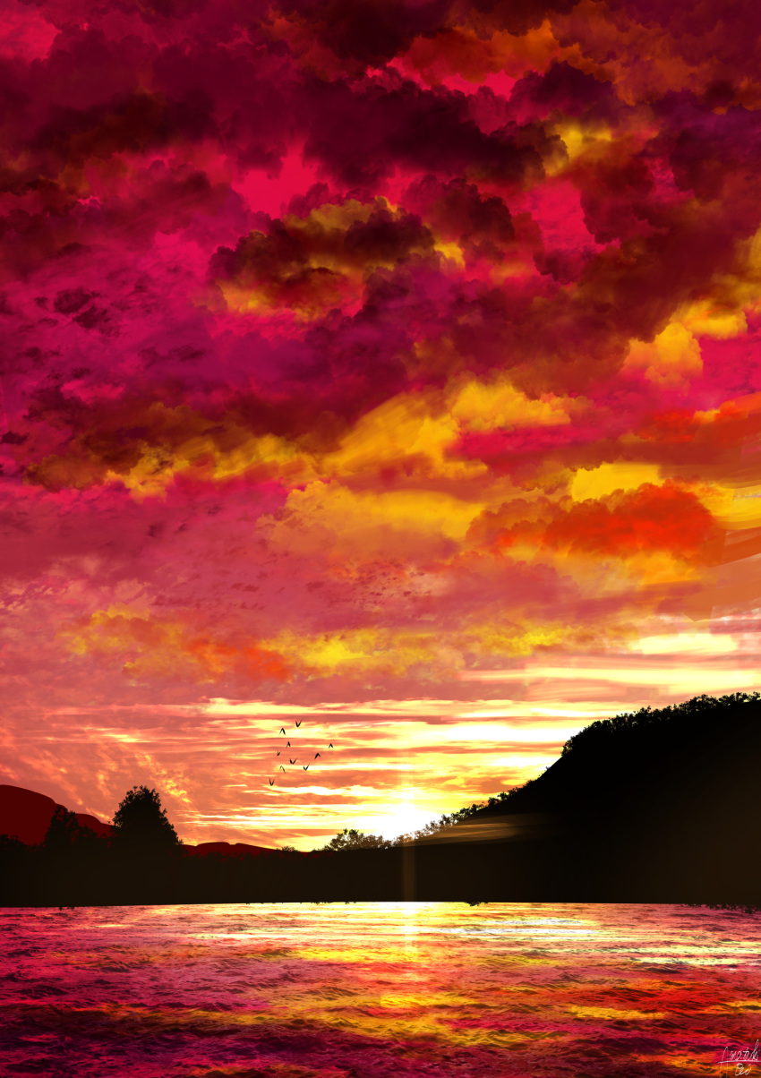 amatsuki_rei bird clouds cloudy_sky commentary_request highres lake no_humans original outdoors red_sky reflection scenery signature sky sunset tree water_surface yellow_sky