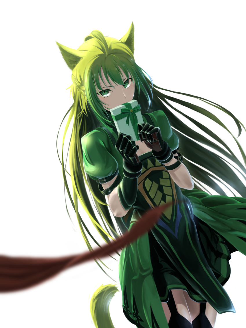 1girl absurdres ahoge animal_ears archer_of_red black_legwear breasts cat_ears cat_tail cleavage fate/apocrypha fate_(series) gift gloves green_eyes green_hair highres holding holding_gift long_hair medium_breasts mukade_(siieregannsu) solo tail thigh-highs very_long_hair white_background