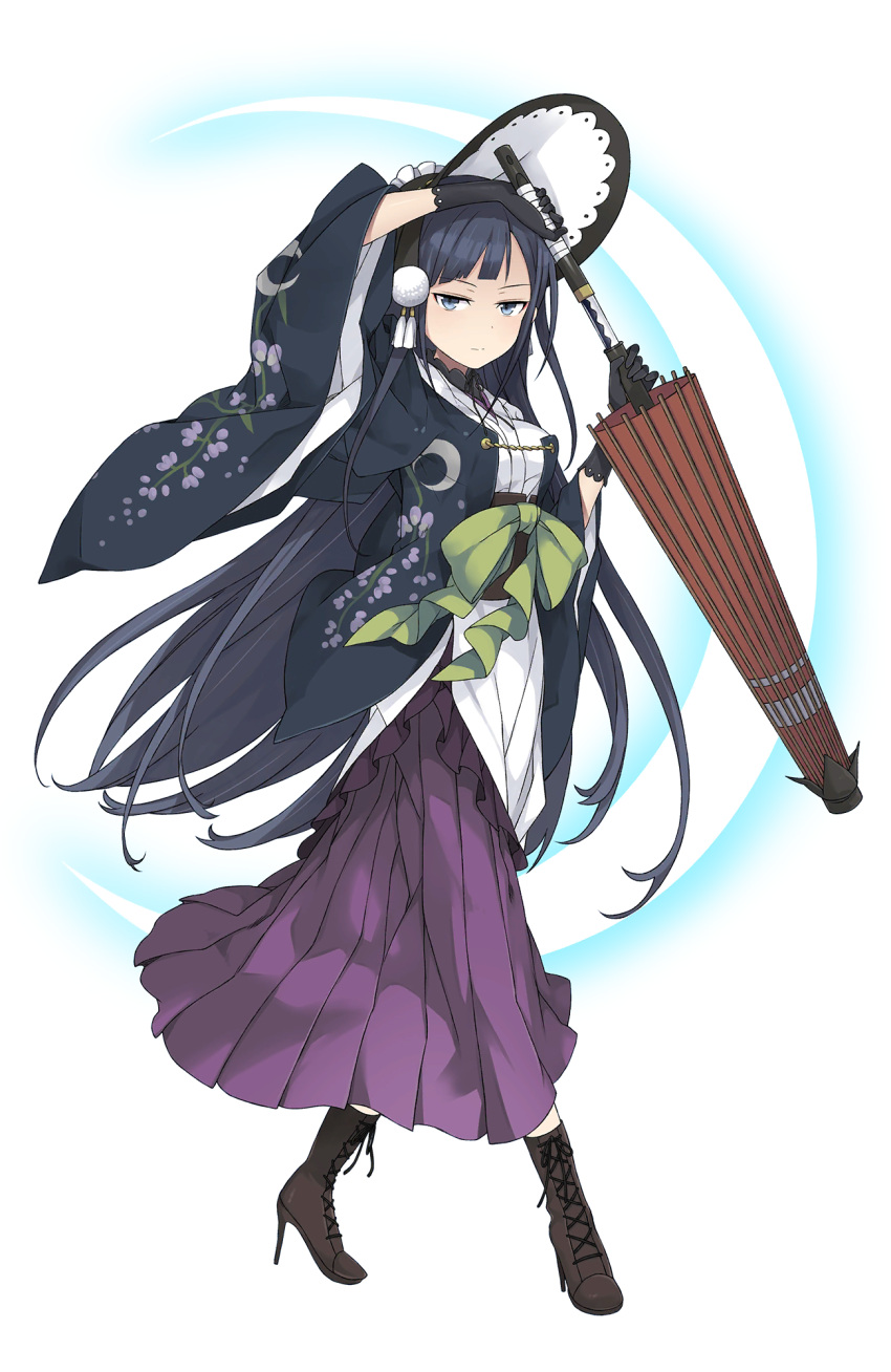 1girl black_gloves blue_eyes bonnet boots crescent_moon_symbol cross-laced_footwear floral_print full_body gloves hair_ornament highres japanese_clothes lolita_fashion long_hair looking_at_viewer oboro_(princess_principal) official_art parasol princess_principal princess_principal_game_of_mission purple_skirt skirt solo standing sword transparent_background umbrella wa_lolita weapon