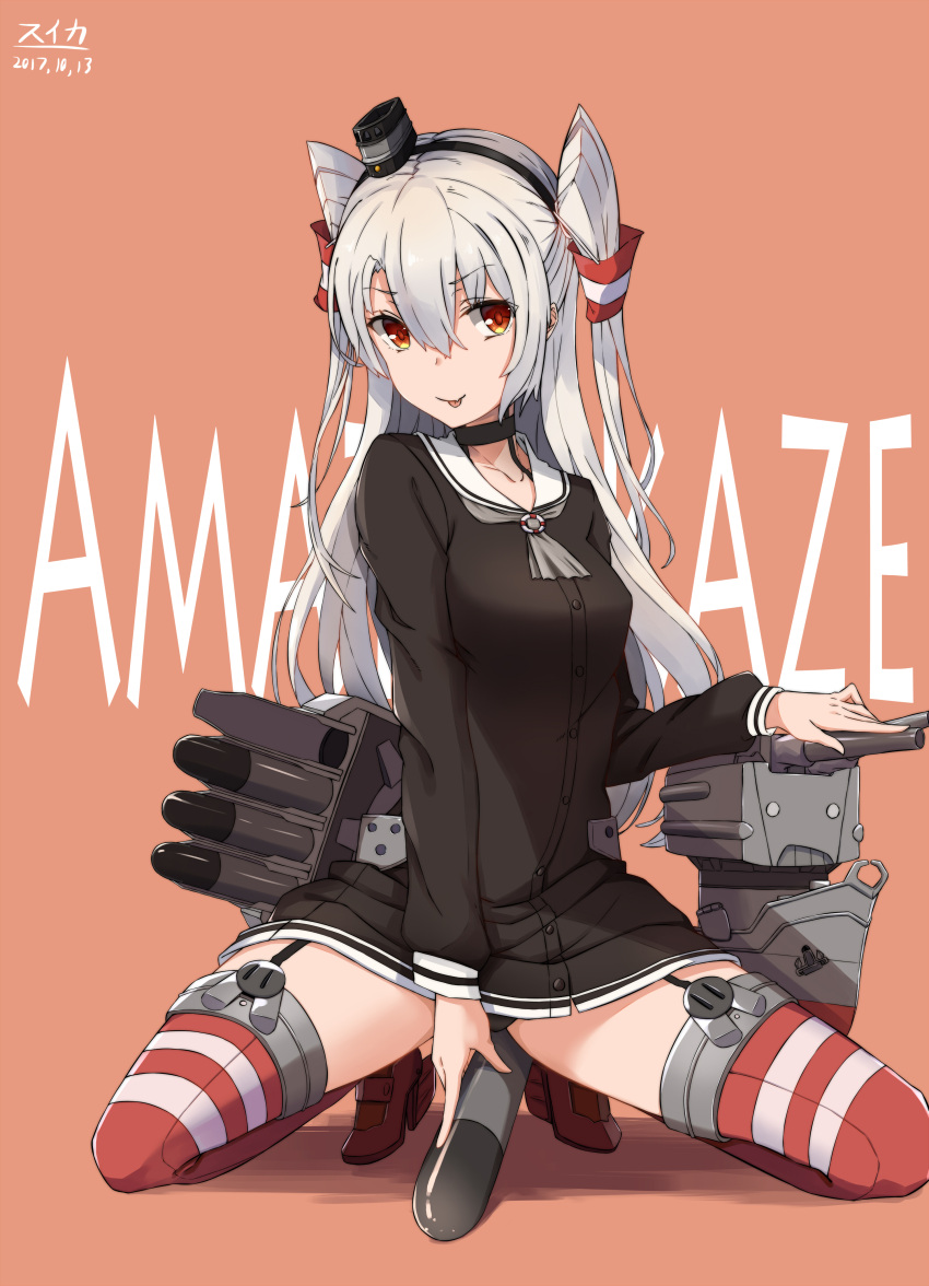 1girl absurdres amatsukaze_(kantai_collection) artist_signature bangs black_dress black_panties brown_eyes character_name choker closed_mouth collarbone dated dress eyebrows_visible_through_hair eyes_visible_through_hair fang_out flat_chest full_body gaiters gloves grey_neckwear hair_between_eyes hair_ornament hand_on_another's_head hand_on_torpedo headband headgear highres kantai_collection long_hair long_sleeves looking_at_viewer machinery neckerchief orange_background panties pantyshot red_legwear rigging rudder_shoes sailor_dress see-through short_dress silver_hair simple_background single_glove smile squatting striped striped_legwear thigh-highs thighhigh_gaiters tongue tongue_out torpedo torpedo_tubes twintails underwear zettai_ryouiki