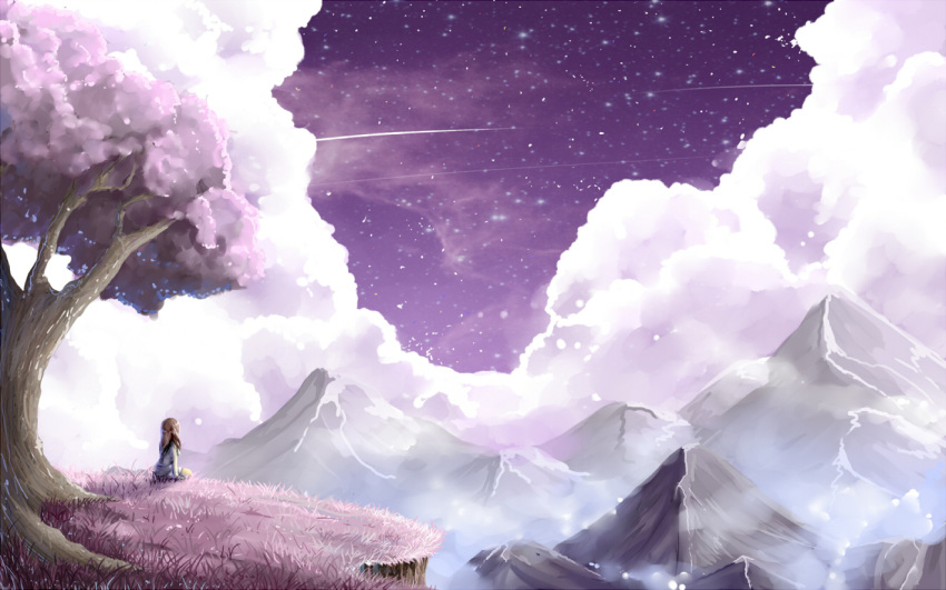 1girl brown_hair cliff clouds cloudy_sky commentary facing_away fantasy fog from_behind grass long_hair mountain original outdoors purple_sky shooting_star sitting sky solo soup-plz star_(sky) starry_sky tree