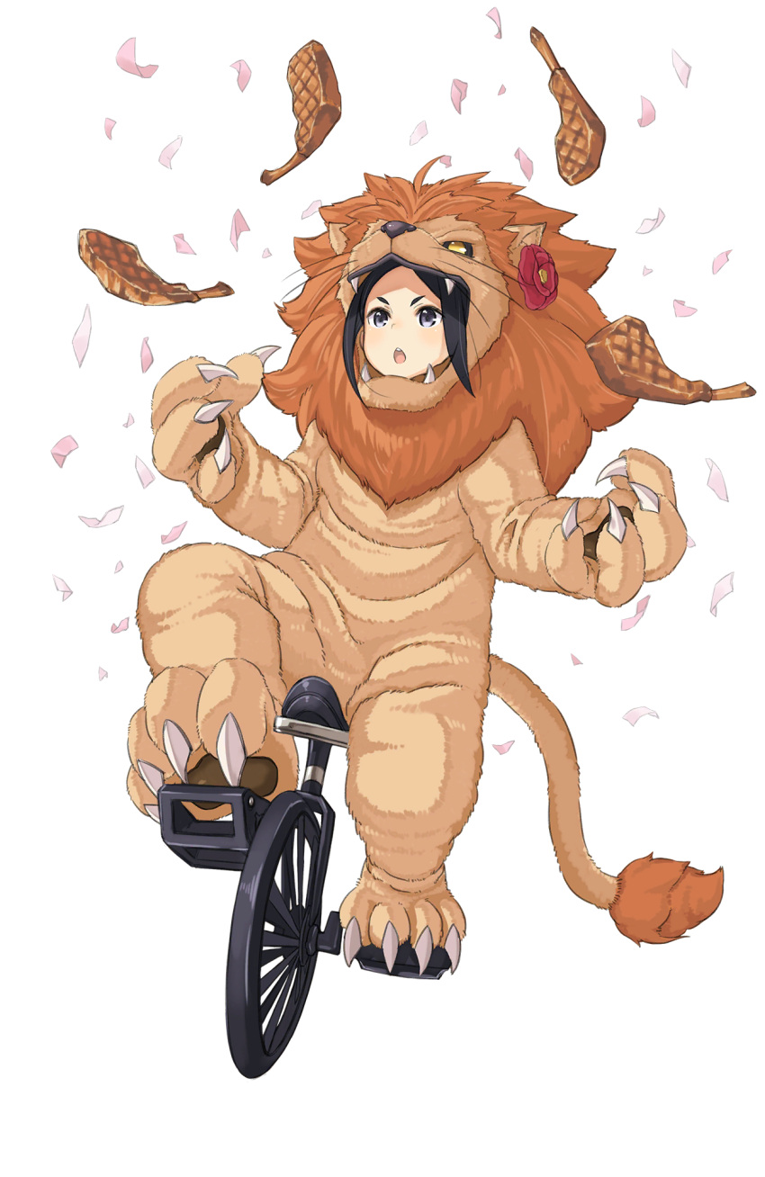 1girl animal_costume black_hair chestnut_mouth flower food full_body highres juggling lion_costume looking_at_viewer meat official_art princess_principal princess_principal_game_of_mission riding_bike solo toudou_chise transparent_background unicycle