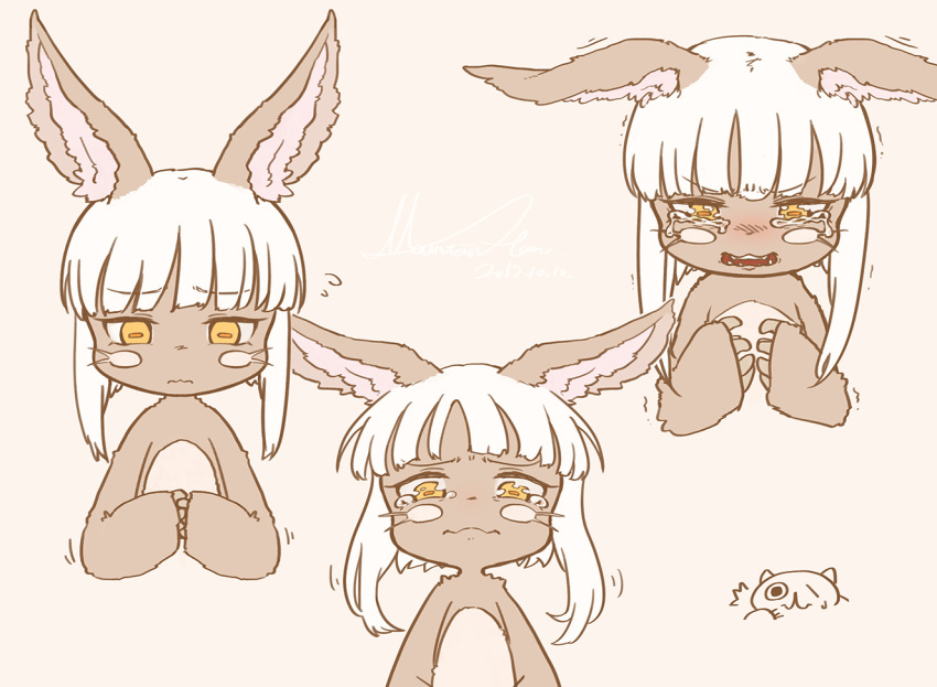 1girl animal_ears crying furry made_in_abyss mitty_(made_in_abyss) nanachi_(made_in_abyss) short_hair_with_long_locks simple_background whiskers white_hair yama_gan yellow_eyes