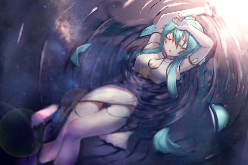 ahoge aqua_hair arms_up china_dress chinese_clothes closed_eyes dress hatsune_miku highres long_hair lying lyk_wuyan on_back partially_submerged very_long_hair vocaloid