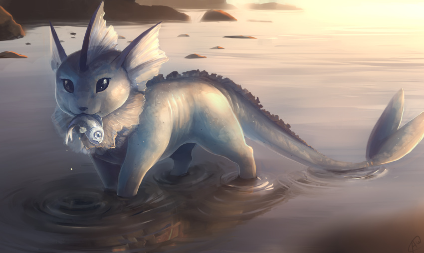 black_eyes commentary day highres looking_at_viewer no_humans outdoors pokemon pokemon_(creature) ripples soup-plz vaporeon wading water water_drop water_surface wet wishiwashi
