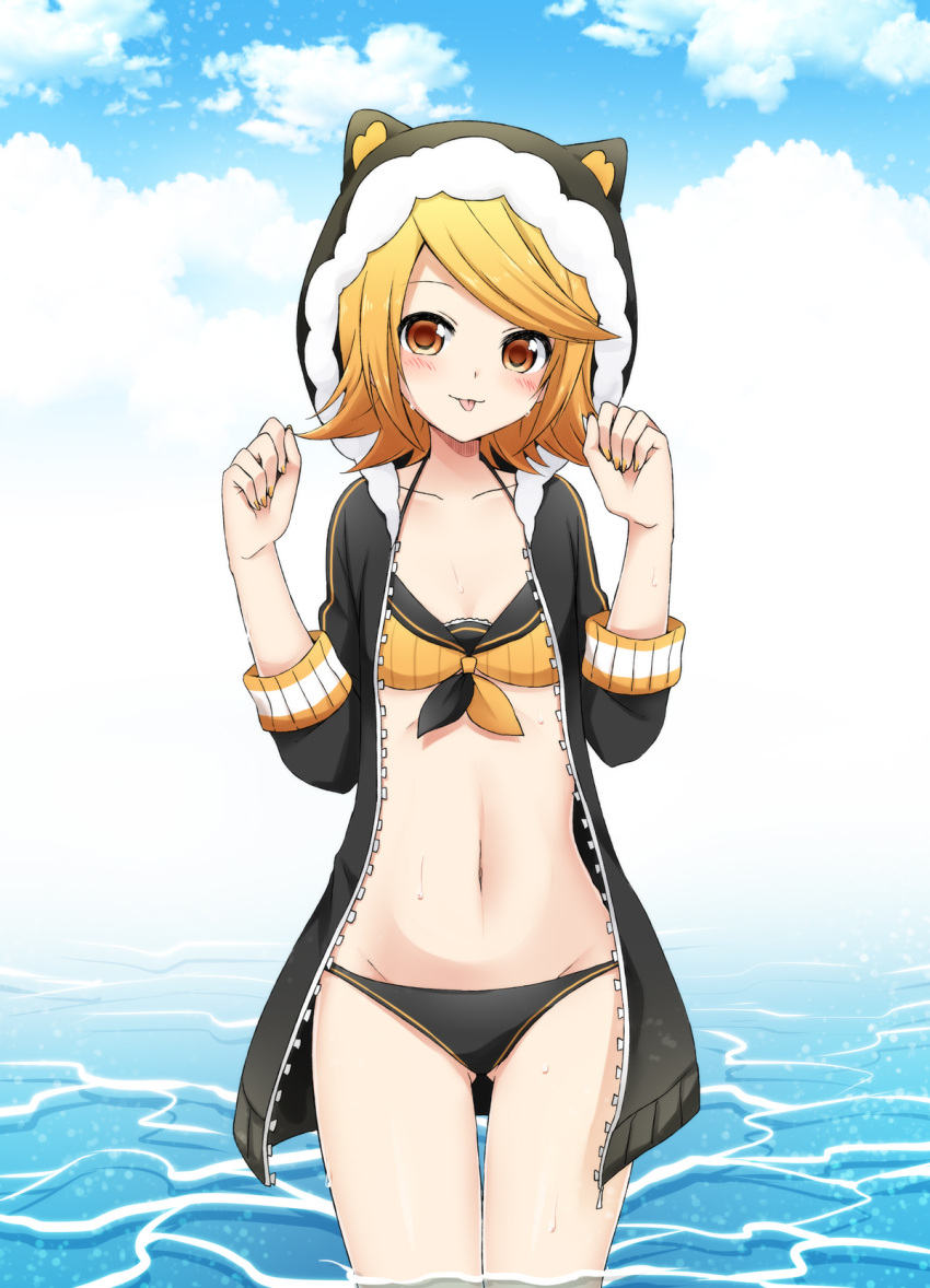 1girl :p animal_hood bangs black_bikini_bottom black_jacket blonde_hair blue_sky blush breasts cat_hood cleavage closed_mouth clouds collarbone commentary_request day fur_trim gluteal_fold head_tilt highres hood hood_up jacket kagamine_rin long_sleeves looking_at_viewer mismatched_bikini nail_polish navel open_clothes open_jacket orange_eyes sailor_bikini sailor_collar short_hair sky small_breasts smile solo stomach sudachi_(calendar) sweat swept_bangs tareme thighs tongue tongue_out unzipped vocaloid w_arms wading water yellow_bikini_top yellow_nails zipper