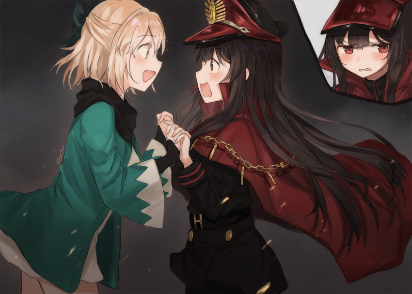2girls :d aqua_jacket bangs belt black_hair black_jacket blonde_hair blush breasts cape chains commentary cowboy_shot d: demon_archer embarrassed eyebrows_visible_through_hair fate_(series) from_side grey_background hair_ribbon hat jacket koha-ace long_hair long_sleeves looking_away looking_to_the_side mochii multiple_girls open_mouth red_cape red_eyes ribbon sakura_saber scarf shinsengumi short_hair signature smile sparks standing surprised wide_sleeves yuri