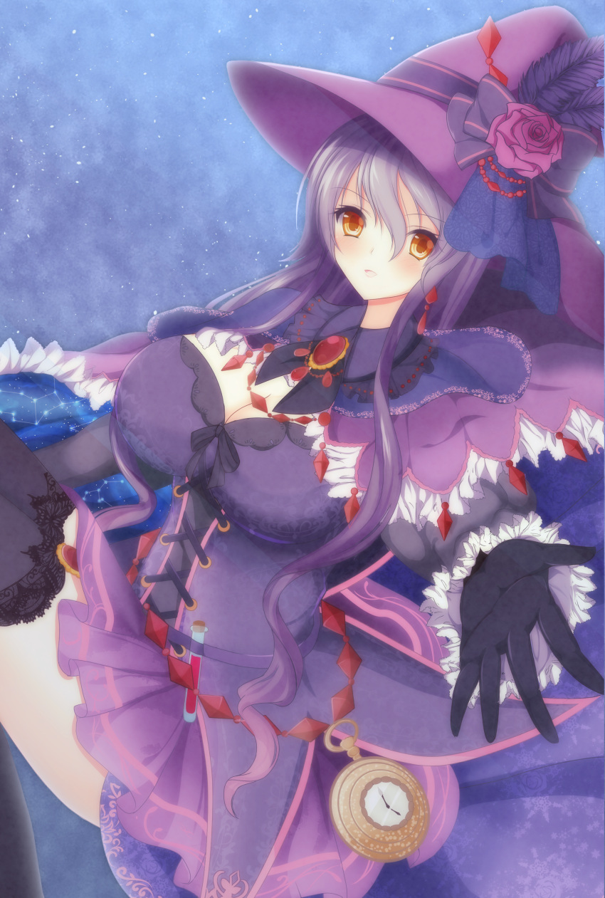1girl :o absurdres bad_anatomy black_gloves black_legwear blush bow breasts brown_eyes cleavage constellation_print cross-laced_clothes earrings flower gloves hat hat_bow hat_feather hat_flower highres huge_breasts jewelry long_hair looking_at_viewer mismagius naiki_karin outstretched_hand personification pokemon purple_hair purple_hat solo stopwatch vial watch witch_hat