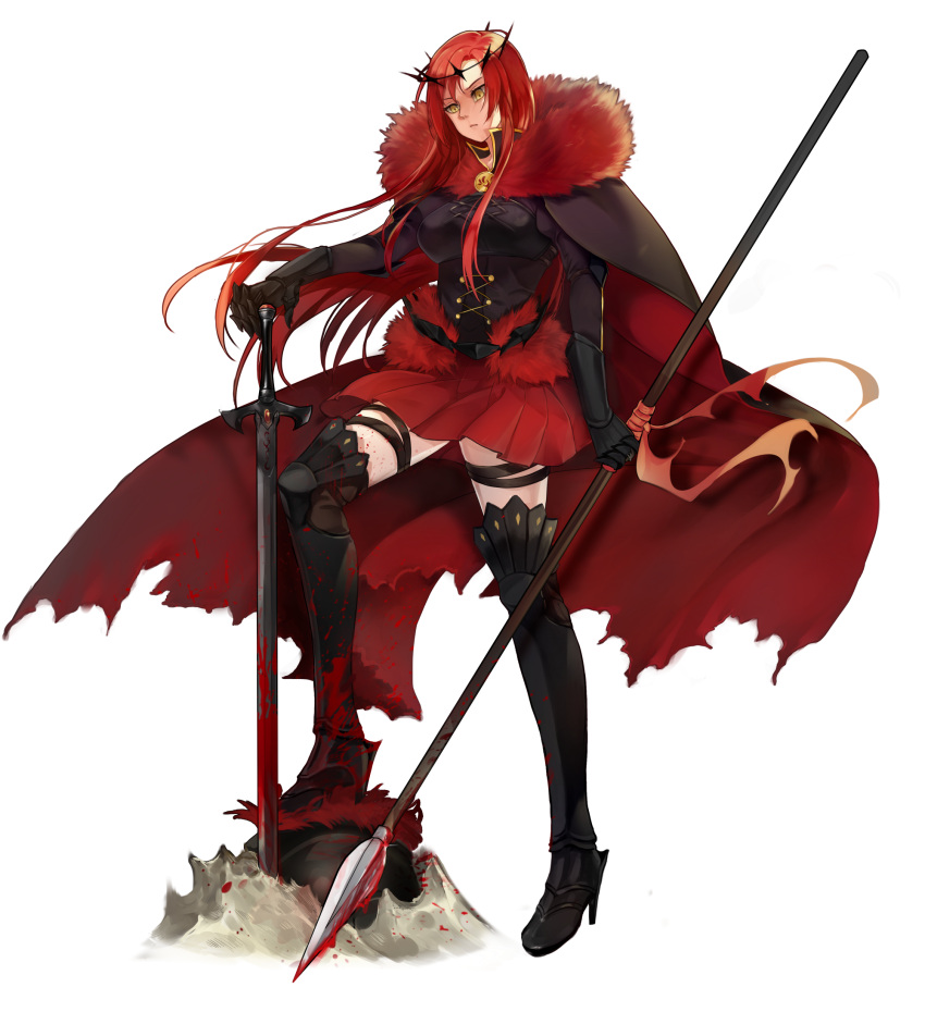 1girl alternate_costume armor armored_boots blood blood_splatter bloody_weapon boots boudica_(fate/grand_order) breasts cape commentary crown_of_thorns dark_persona dual_wielding fate/grand_order fate_(series) frown fur_trim gauntlets grey_background highres large_breasts long_hair muneomon_(takomon) pleated_skirt polearm red_skirt redhead simple_background skirt solo spear sword thigh-highs thigh_boots thigh_strap torn_cape weapon yellow_eyes